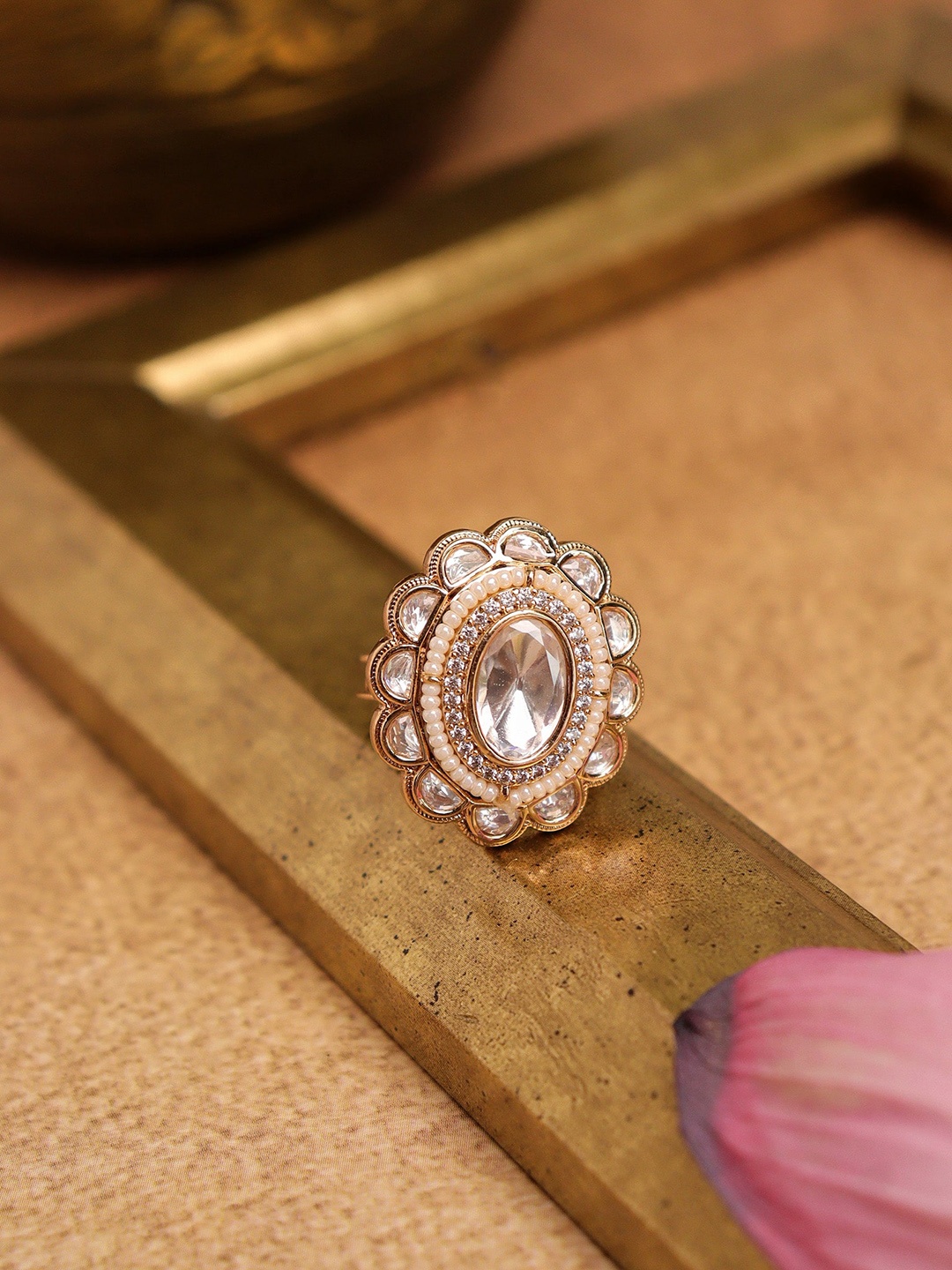 

CURIO COTTAGE Gold-Plated CZ Studded Kundan Finger Ring