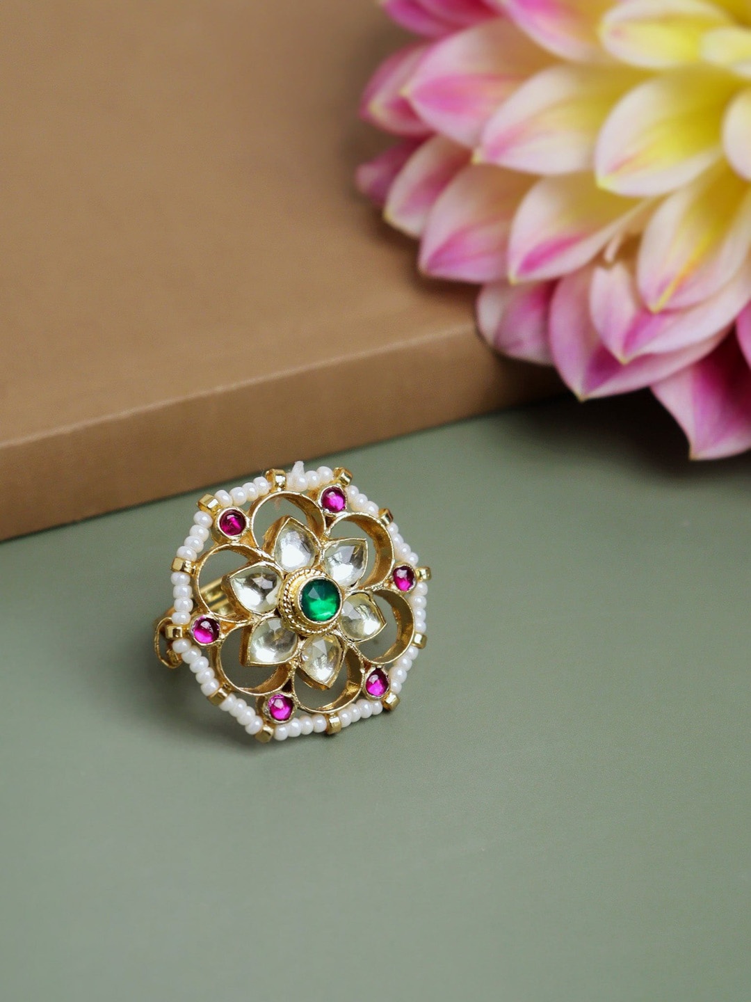 

CURIO COTTAGE Gold-Plated Kundan-Studded Adjustable Finger Ring