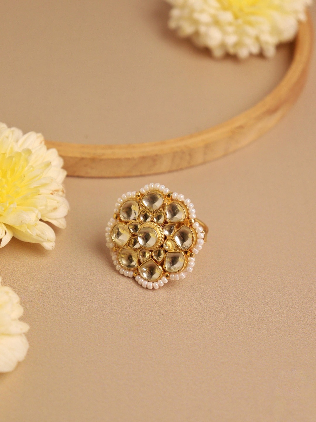 

CURIO COTTAGE Gold-Plated Kundan Stone-Studded Adjustable Finger Ring