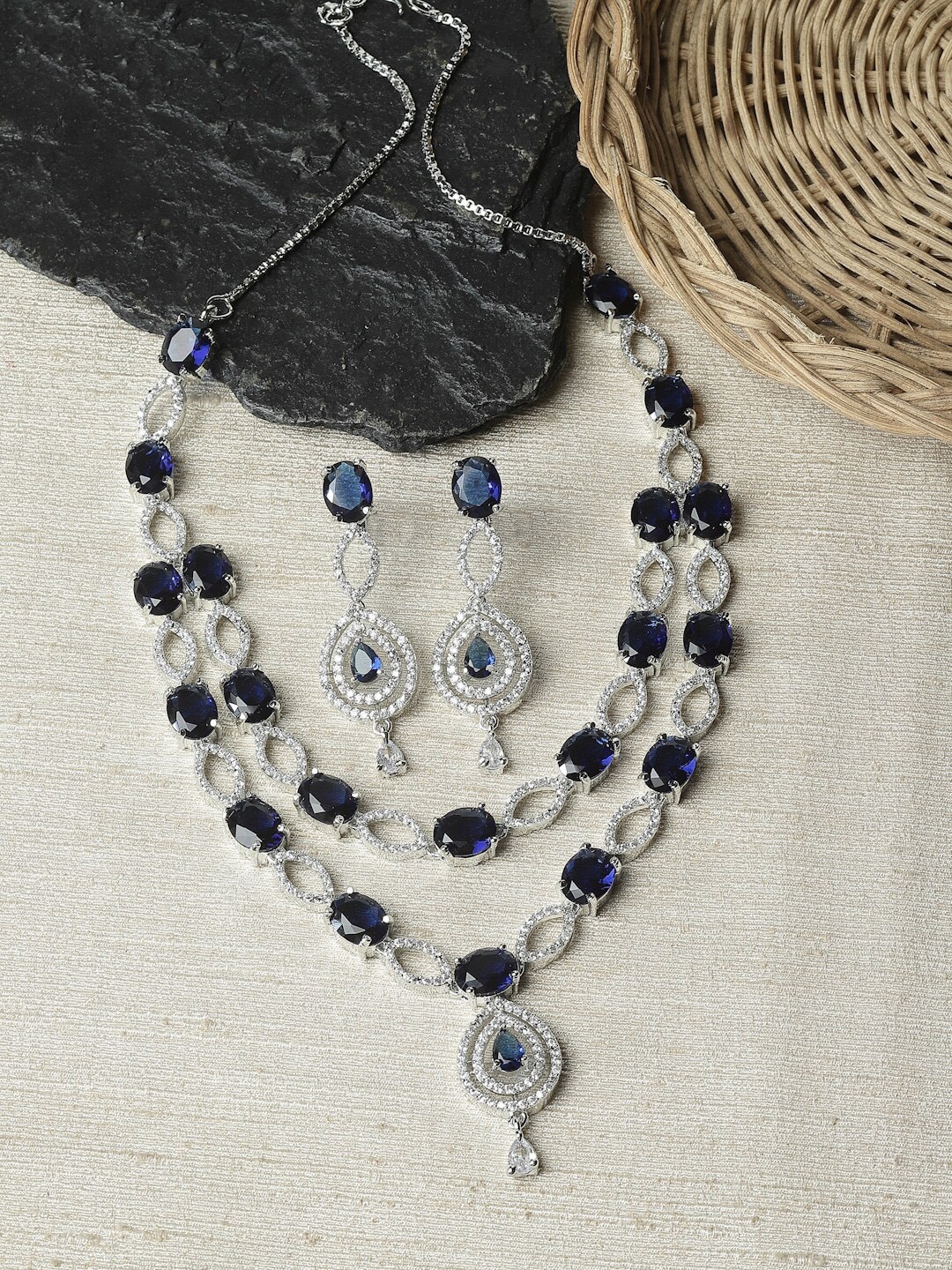 

ZENEME Rhodium-Plated AD Studded Multilayered Jewellery Set, Silver
