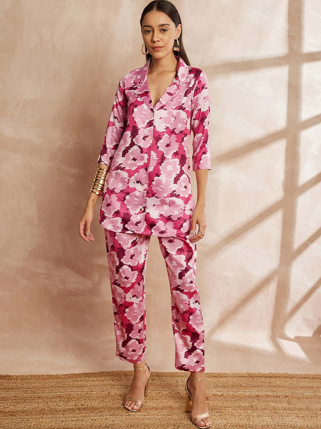 

all about you Floral Printed Lapel Collar Shirt & Trousers, Pink