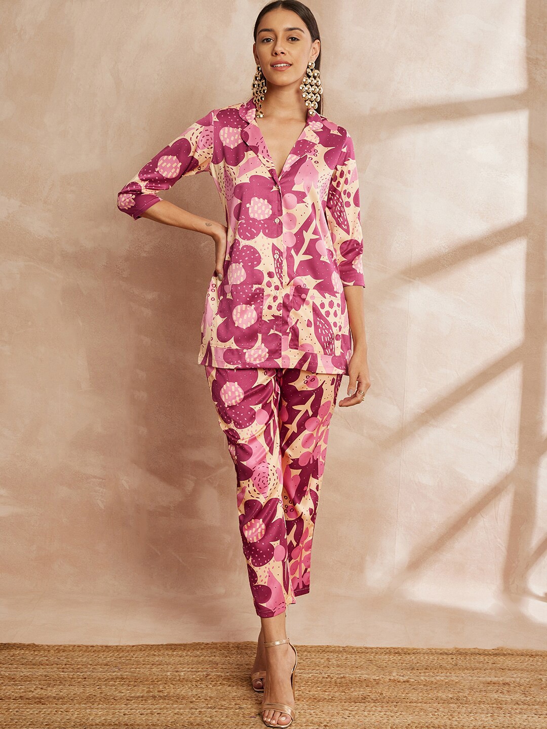 

all about you Floral Printed Lapel Collar Shirt & Trousers, Burgundy