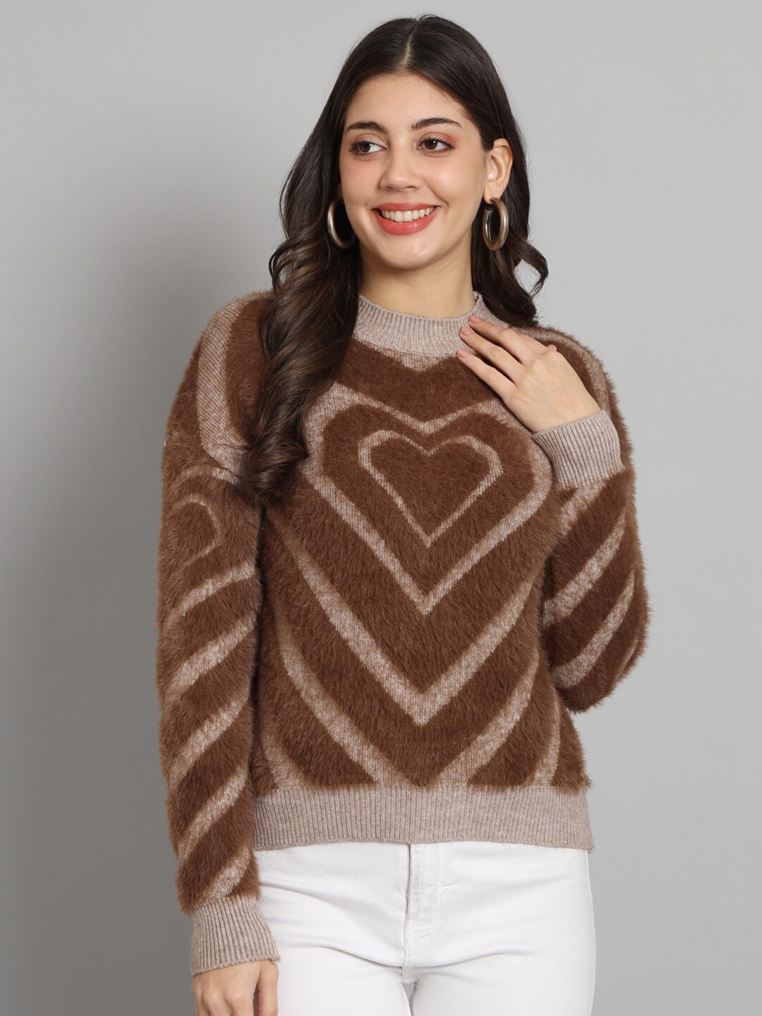 

Chemistry Quirky Fuzzy Self Design Woolen Pullover Sweater, Brown