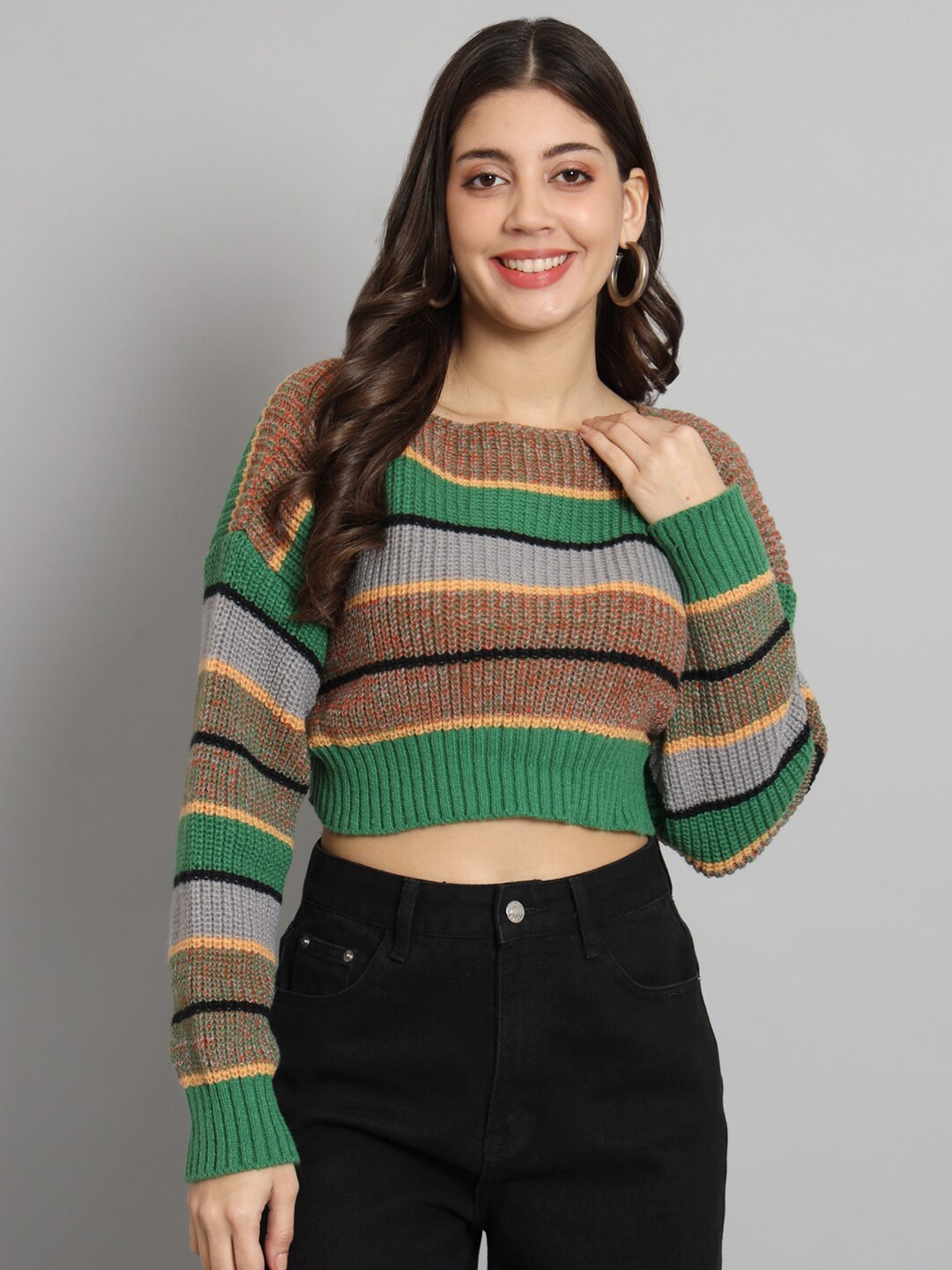 

Chemistry Striped Woollen Pullover Cropped Sweater, Brown