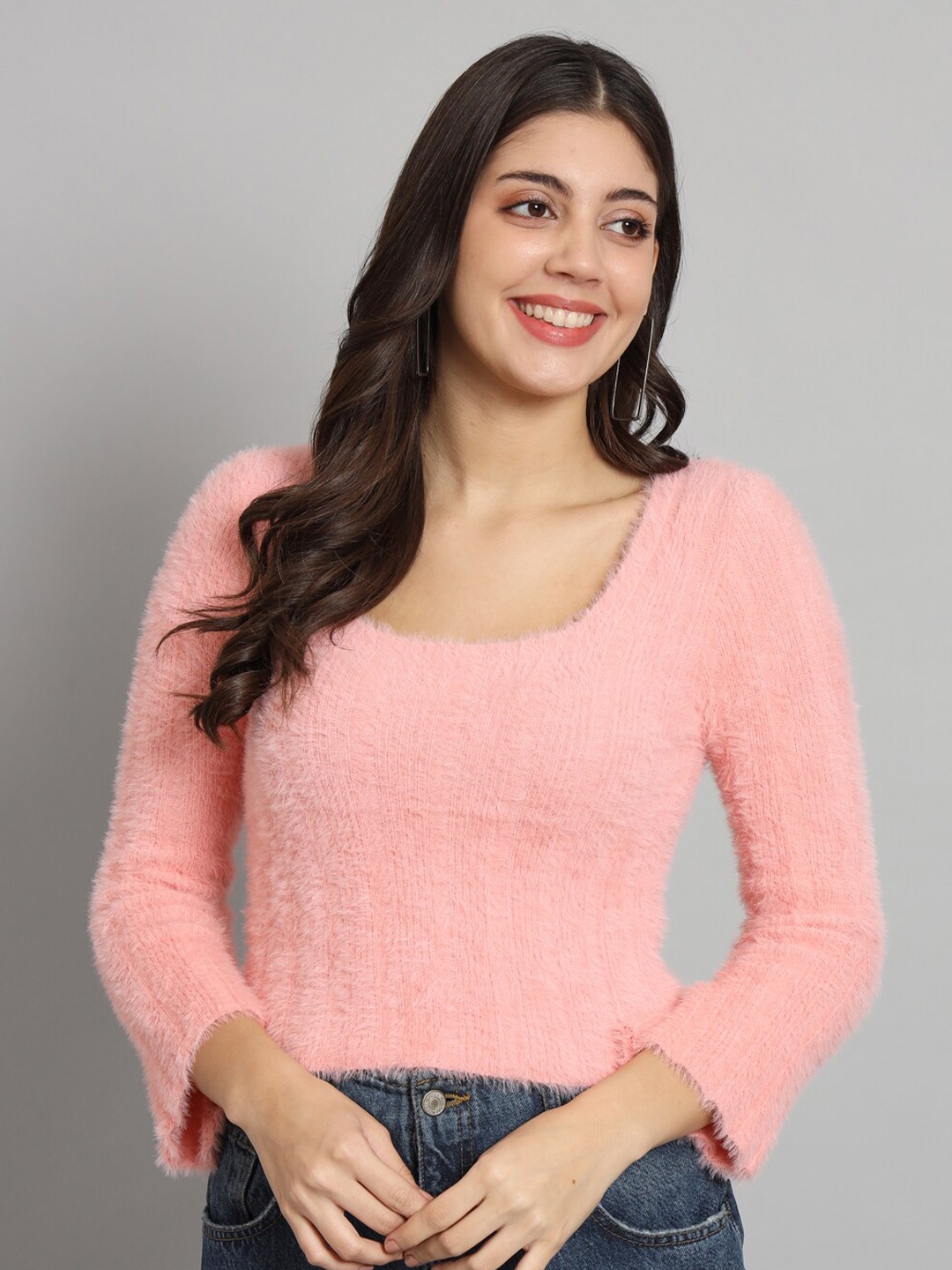 

Chemistry Fuzzy Self Design Ribbed Woolen Pullover Sweater, Peach