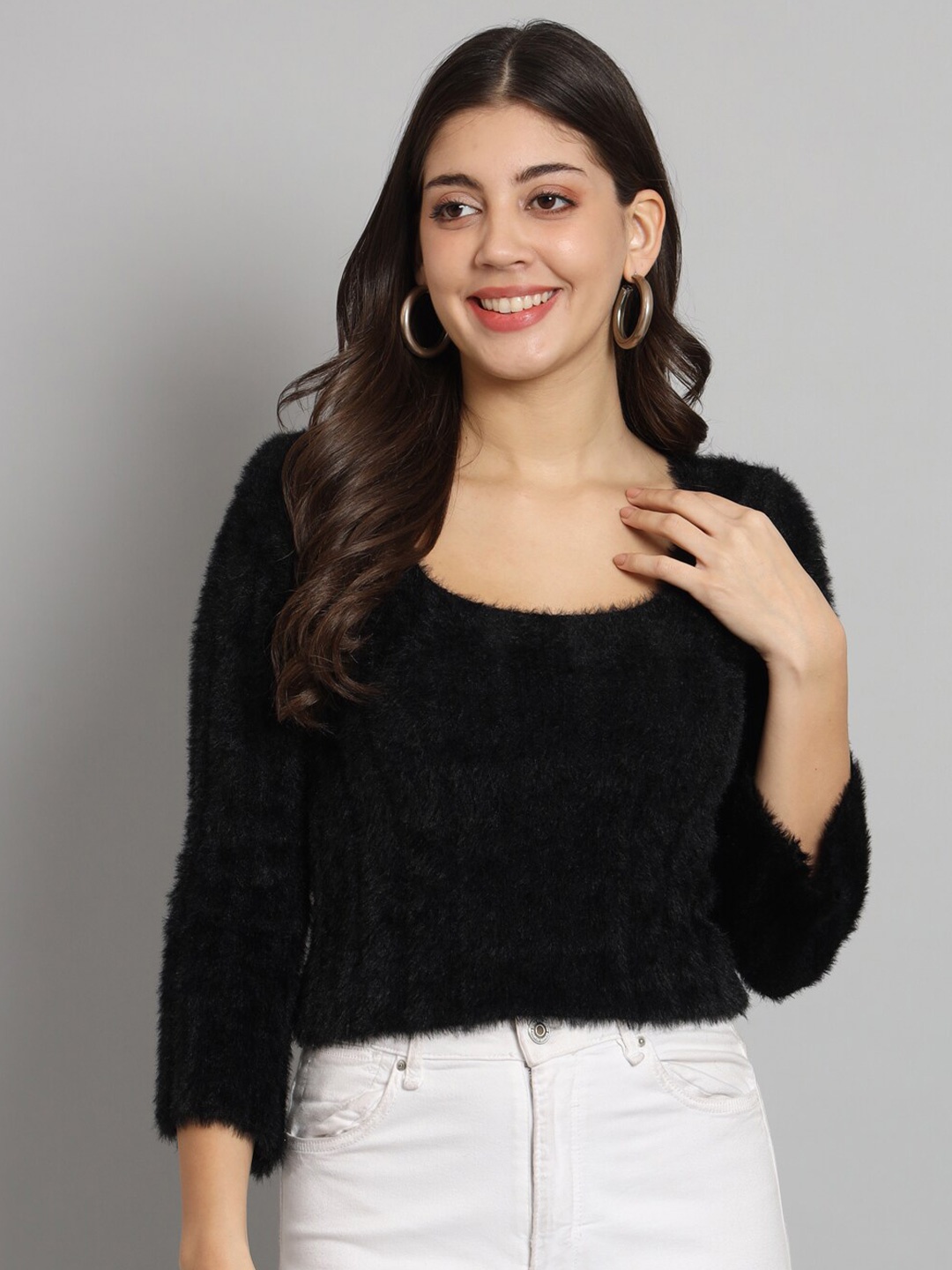 

Chemistry Round Neck Fur Woollen Crop Sweater, Black