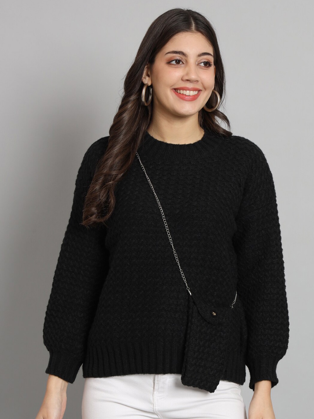 

Chemistry Cable Knit Round Neck Woollen Sweater, Black