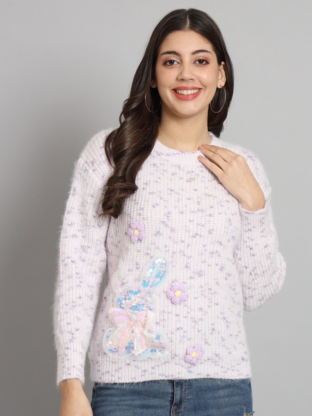 

Chemistry Self Design Applique Sequined Woollen Pullover Sweater, Lavender
