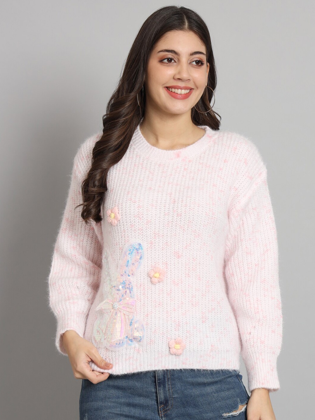 

Chemistry Self Design Applique Sequined Woollen Pullover Sweater, Pink