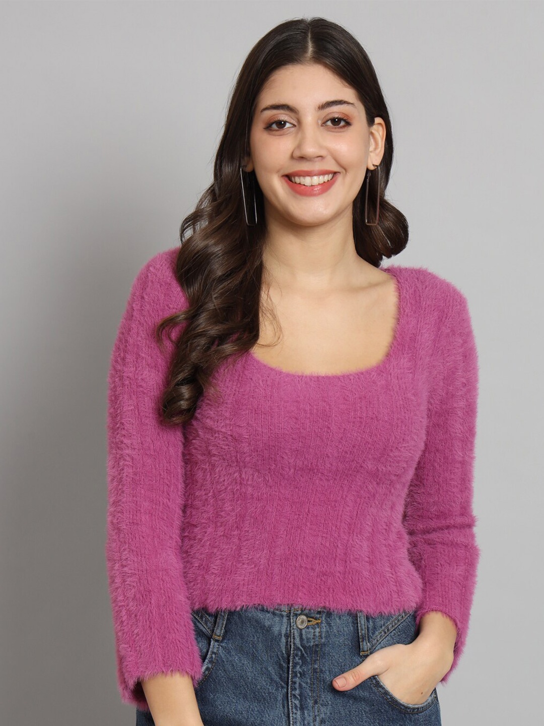

Chemistry Round Neck Fuzzy Detail Woollen Crop Pullover Sweater, Purple