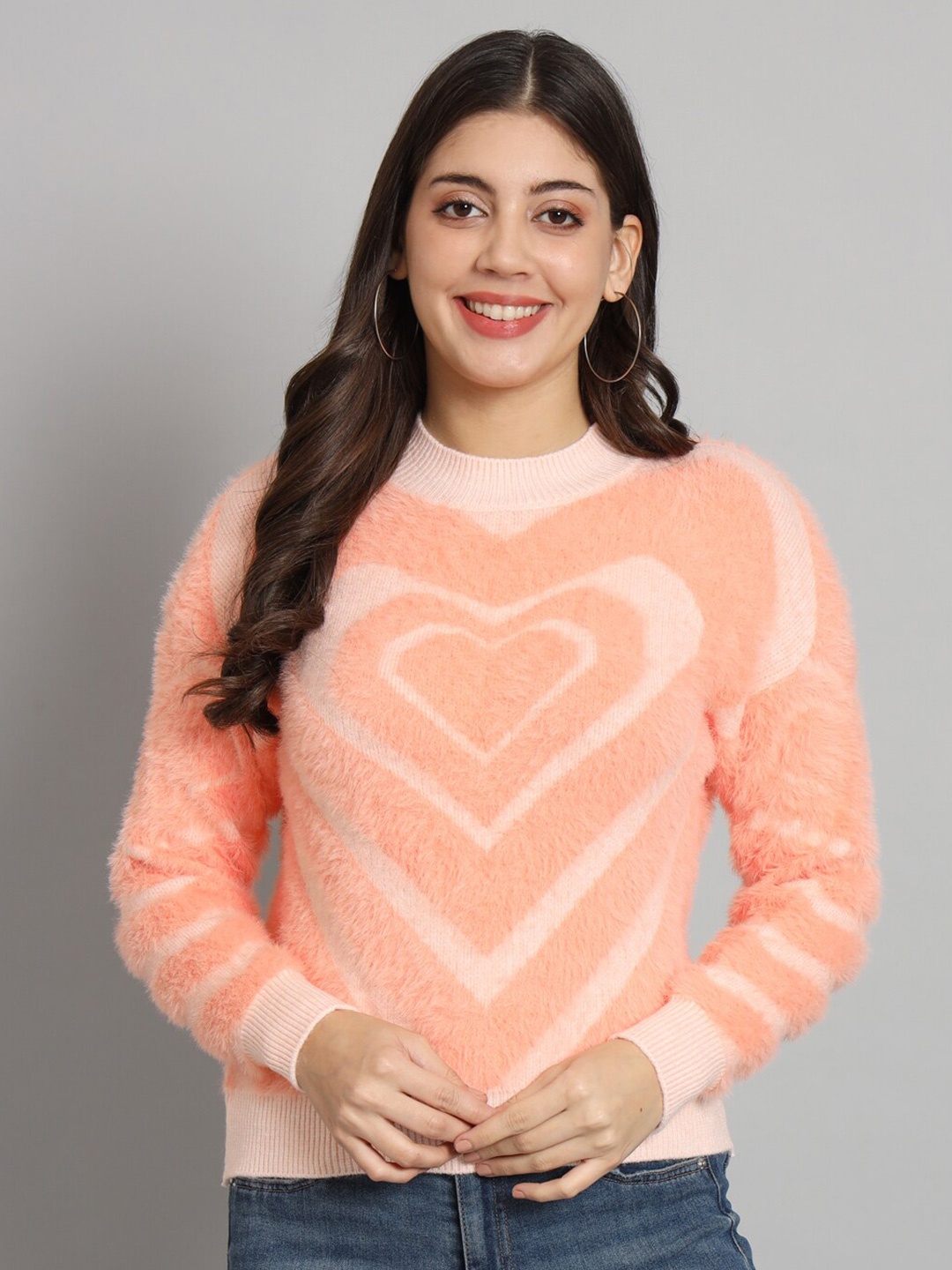 

Chemistry Conversational Fuzzy Self Design Woolen Pullover Sweater, Peach