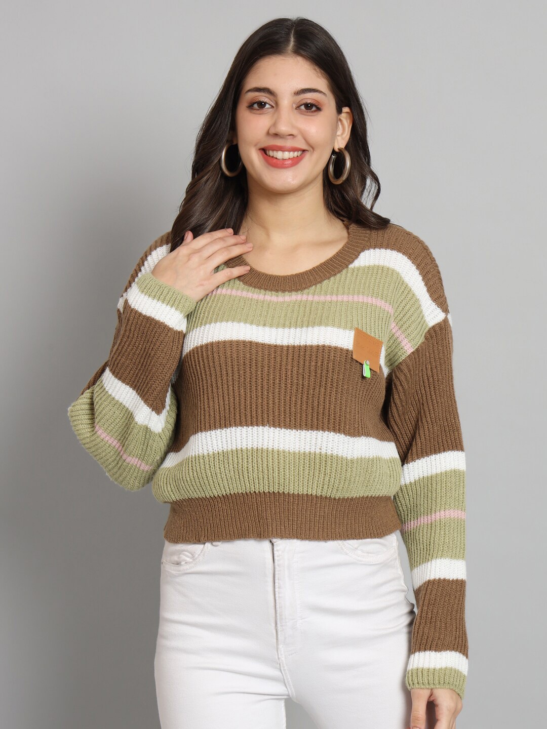 

Chemistry Striped Round Neck Woollen Pullover Sweater, Green