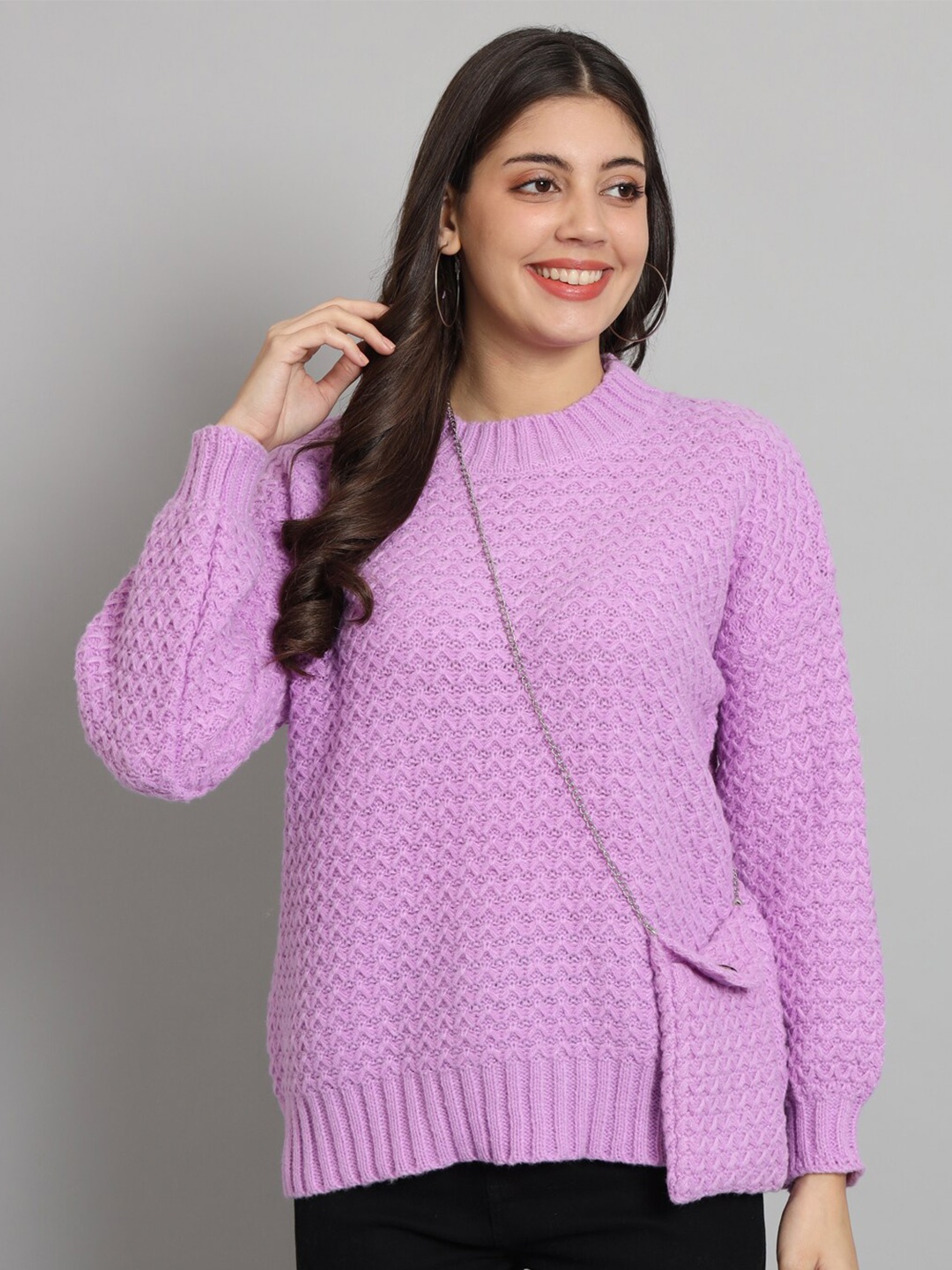 

Chemistry Cable Knit Self Design Ribbed Woolen Pullover Sweater, Purple