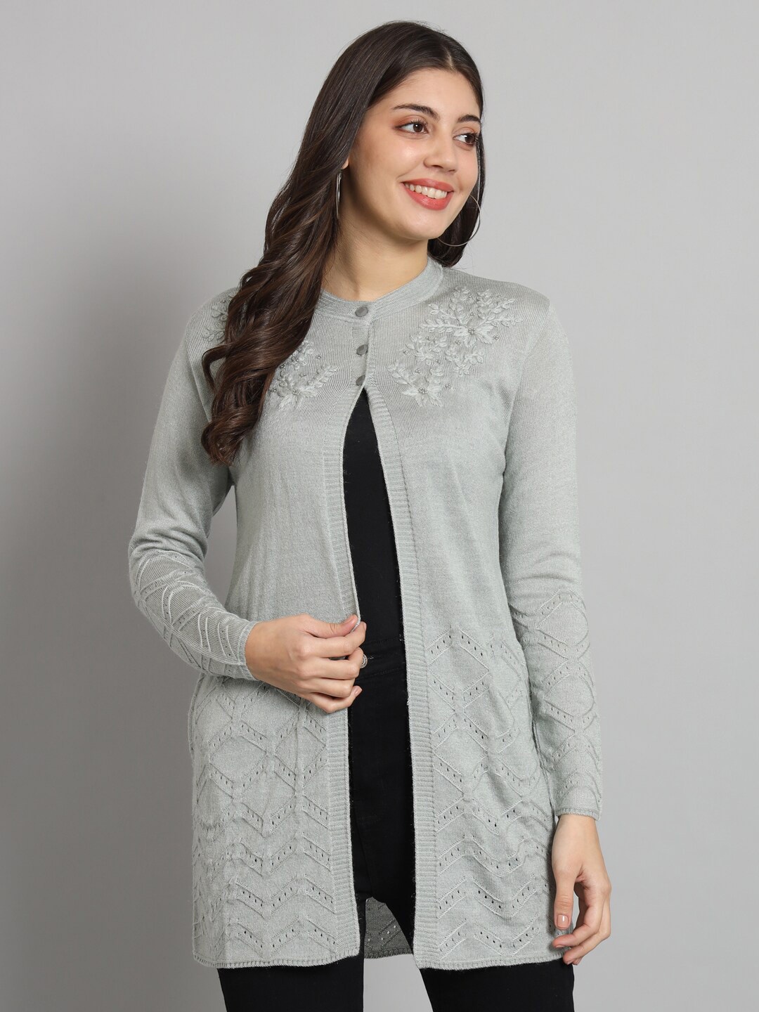 

Chemistry Floral Embroidered Bead Work Longline Woollen Cardigan, Grey