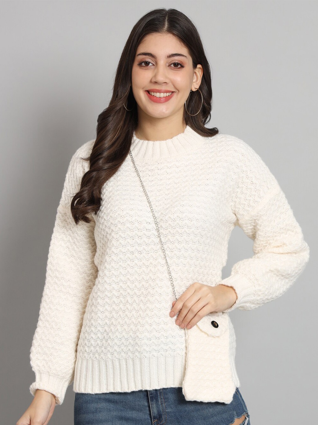 

Chemistry Cable Knit Self Design Ribbed Woolen Pullover Sweater, Cream