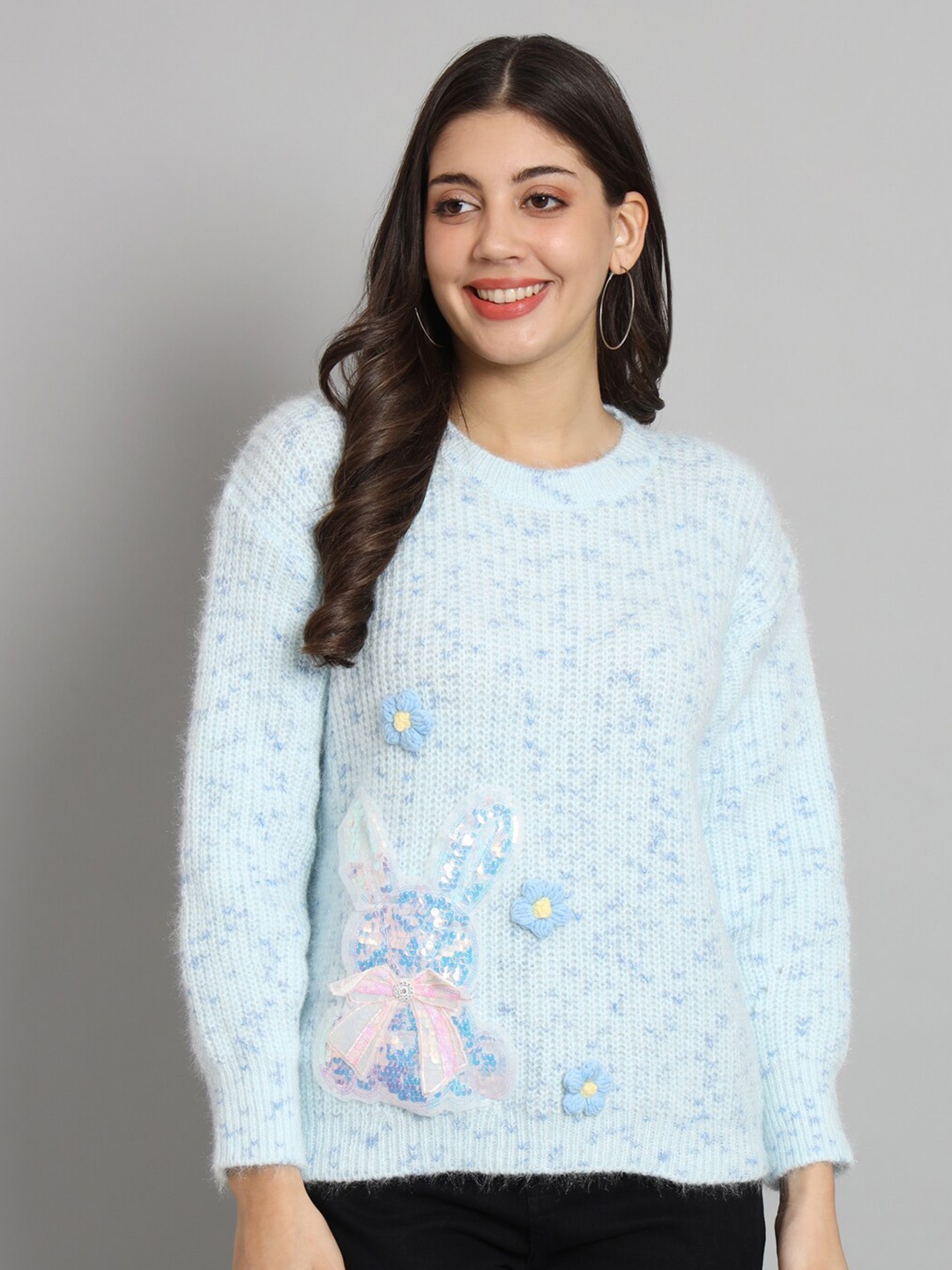 

Chemistry Self Design Applique Sequined Woollen Pullover Sweater, Blue
