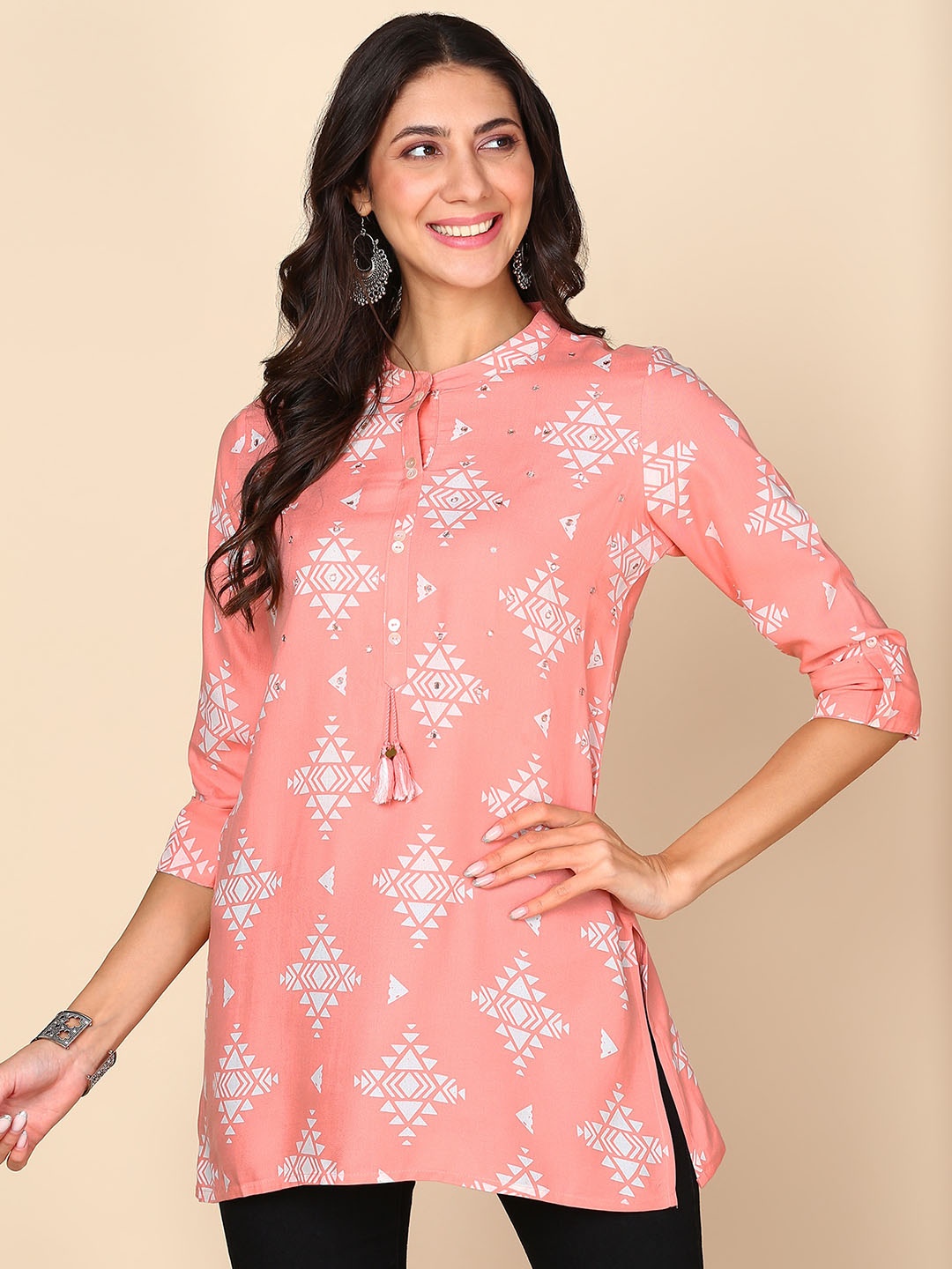 

HERE&NOW Ethnic Motifs Printed Liva Kurti, Pink