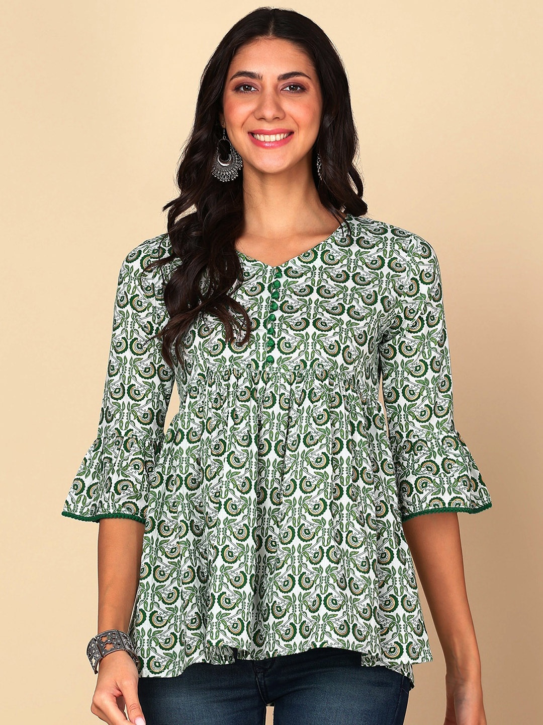 

HERE&NOW Floral Printed A-Line Kurti, Green
