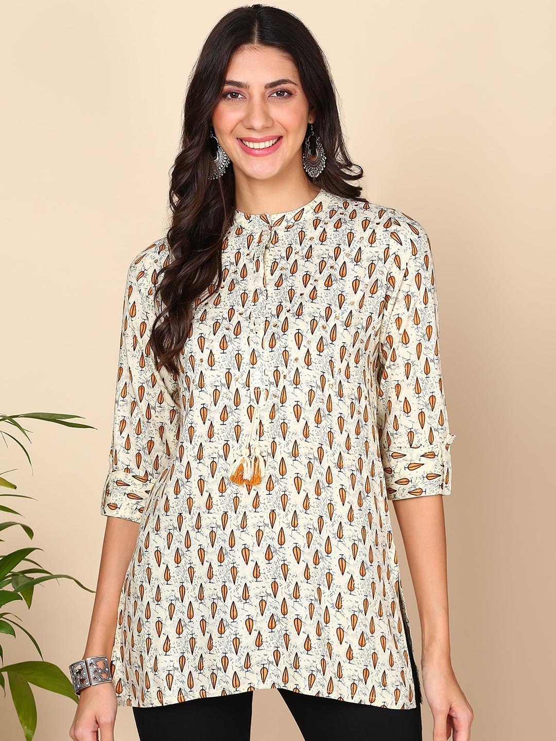 

HERE&NOW Ethnic Motifs Printed Mandarin Collar Liva Kurta, Off white