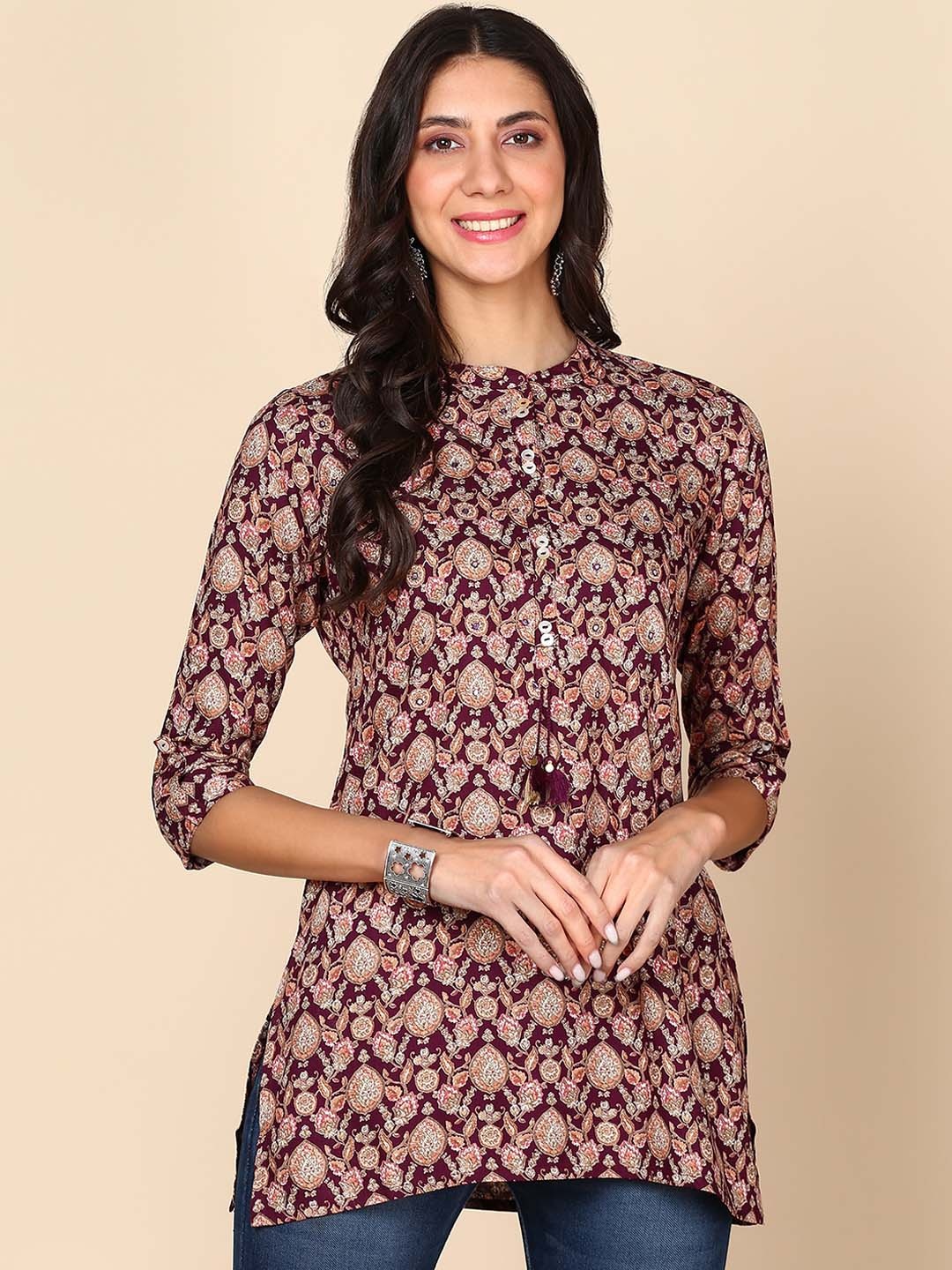 

HERE&NOW Floral Printed Liva Straight Kurti, Maroon