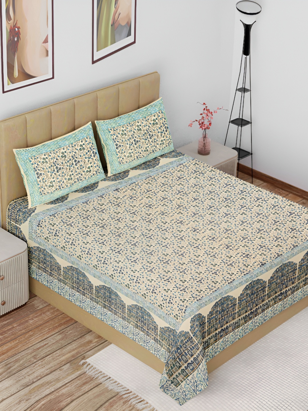 

The Craft Monk Beige & Blue Cotton 180 TC Double King Bedsheet with 2 Pillow Covers