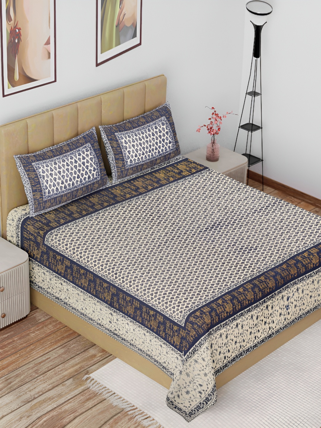 

The Craft Monk White & Blue Ethnic Motifs Cotton180 TC King Bedsheet with 2 Pillow Covers