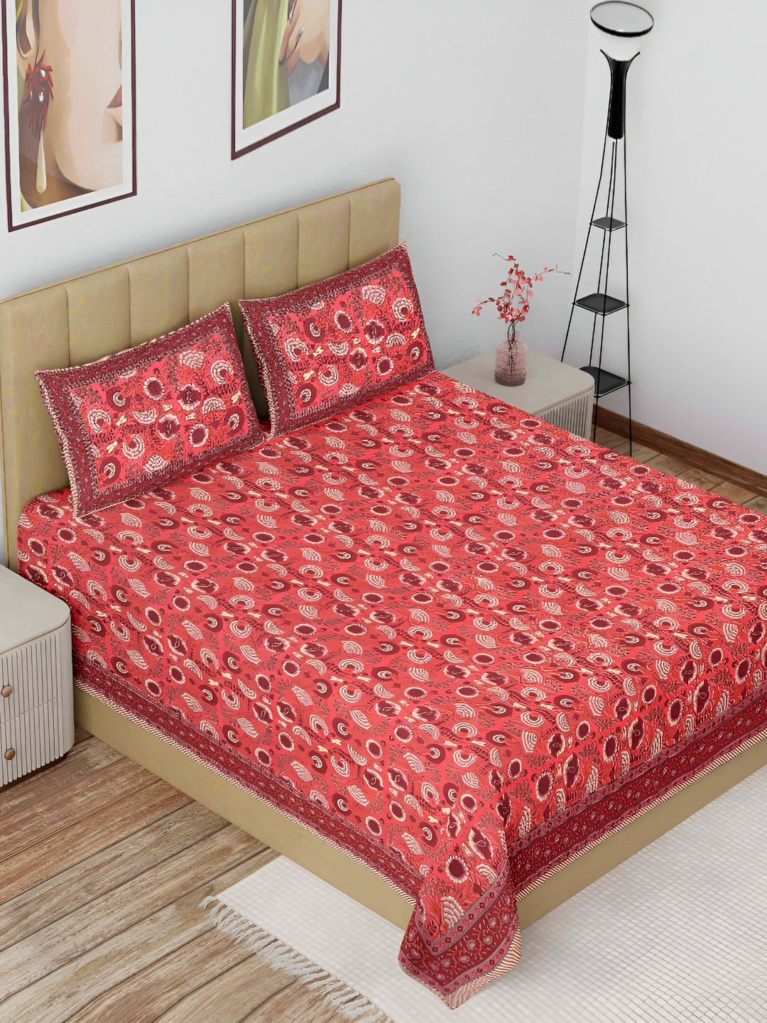 

The Craft Monk Jaipuri Hawa Mahal Red Cotton 180 TC 1 Double Bedsheet set