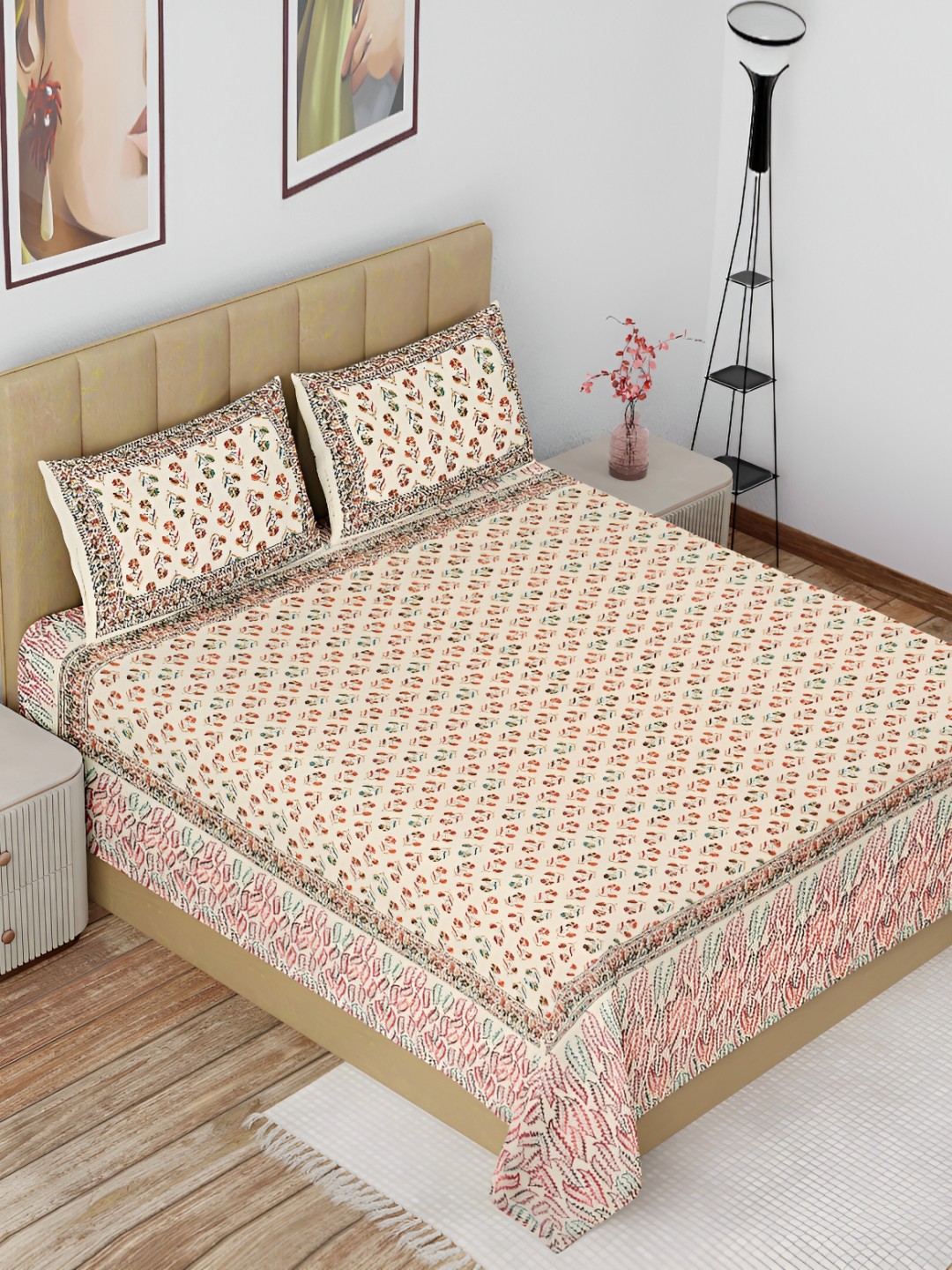 

The Craft Monk Beige & Blue Cotton180 TC King Bedsheet with 2 Pillow Covers