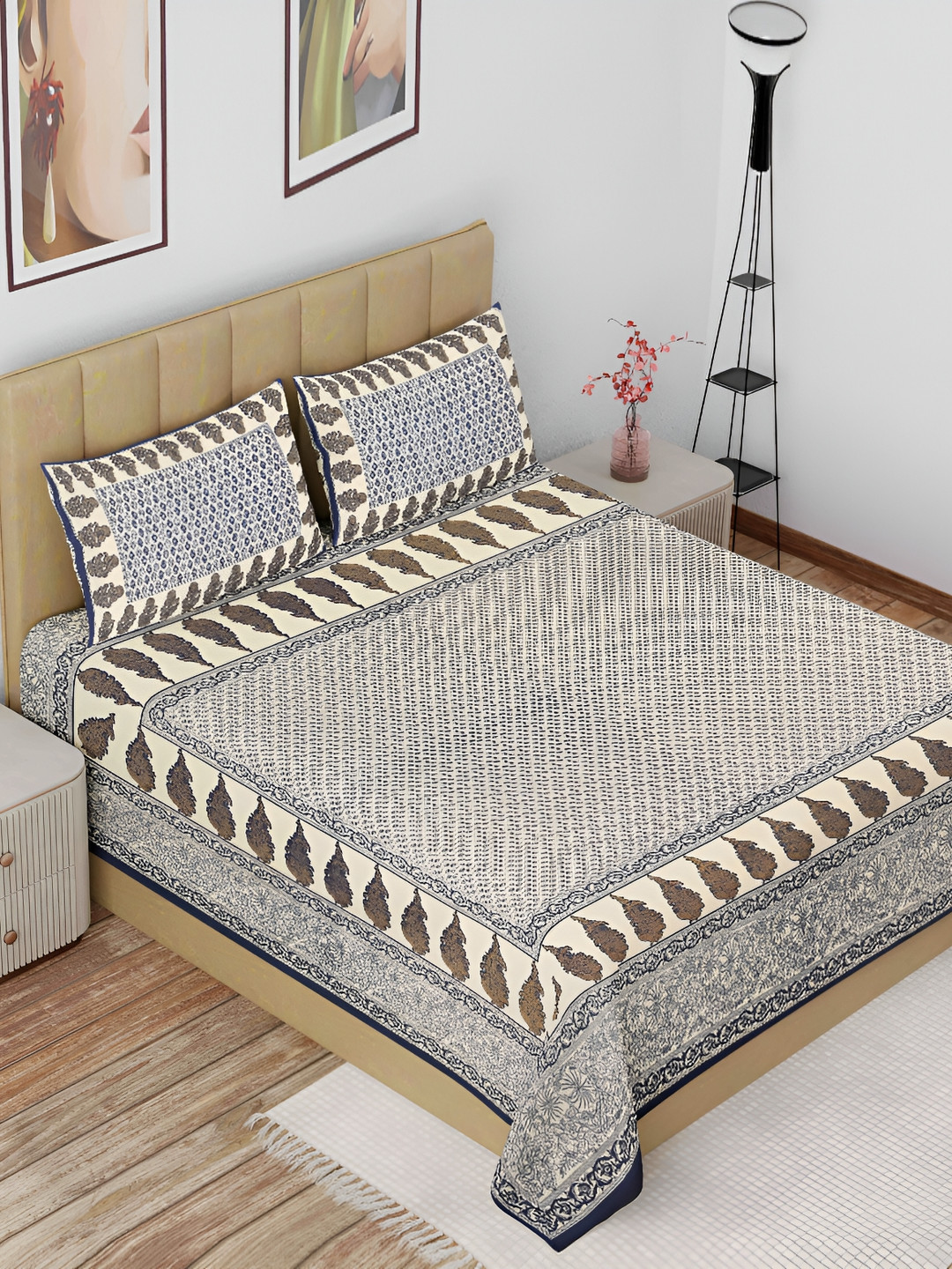 

The Craft Monk Beige & Blue Cotton 180 TC King Bedsheet with 2 Pillow Covers