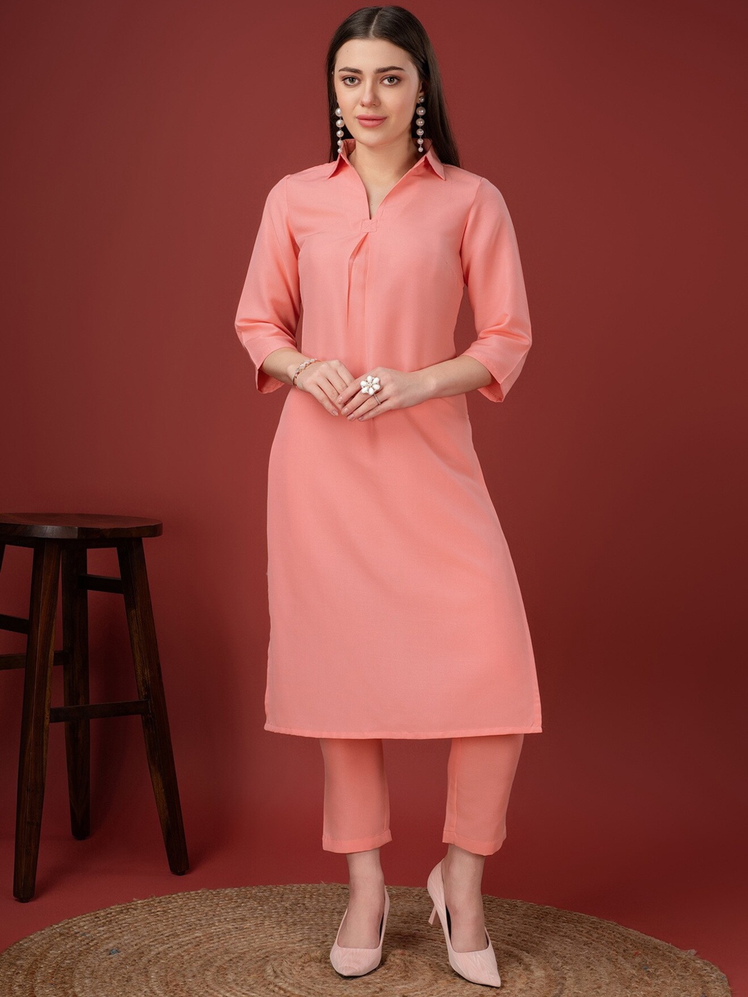 

soan Shirt Collar Straight Kurta With Trousers, Peach