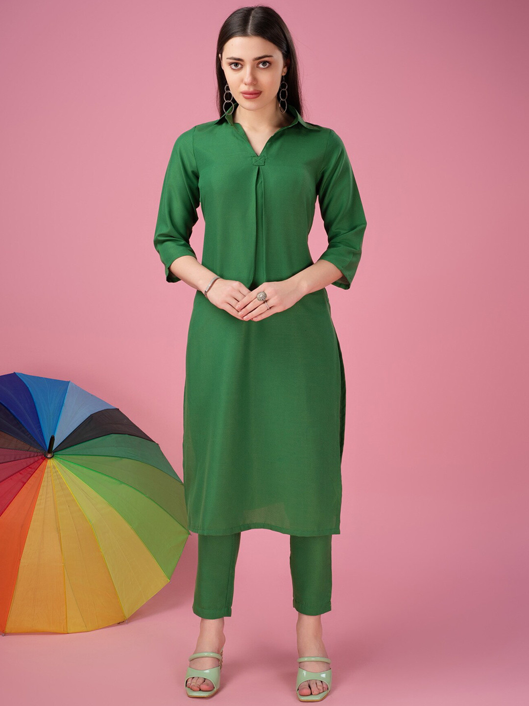 

soan Shirt Collar Straight Kurta With Trousers, Green