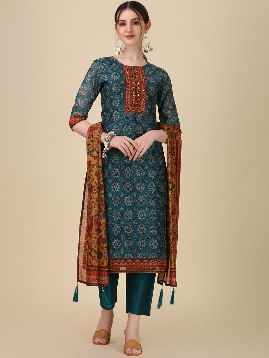 

KALINI Floral Printed Beads & Stones Chanderi Silk Straight Kurta With Trousers & Dupatta, Teal