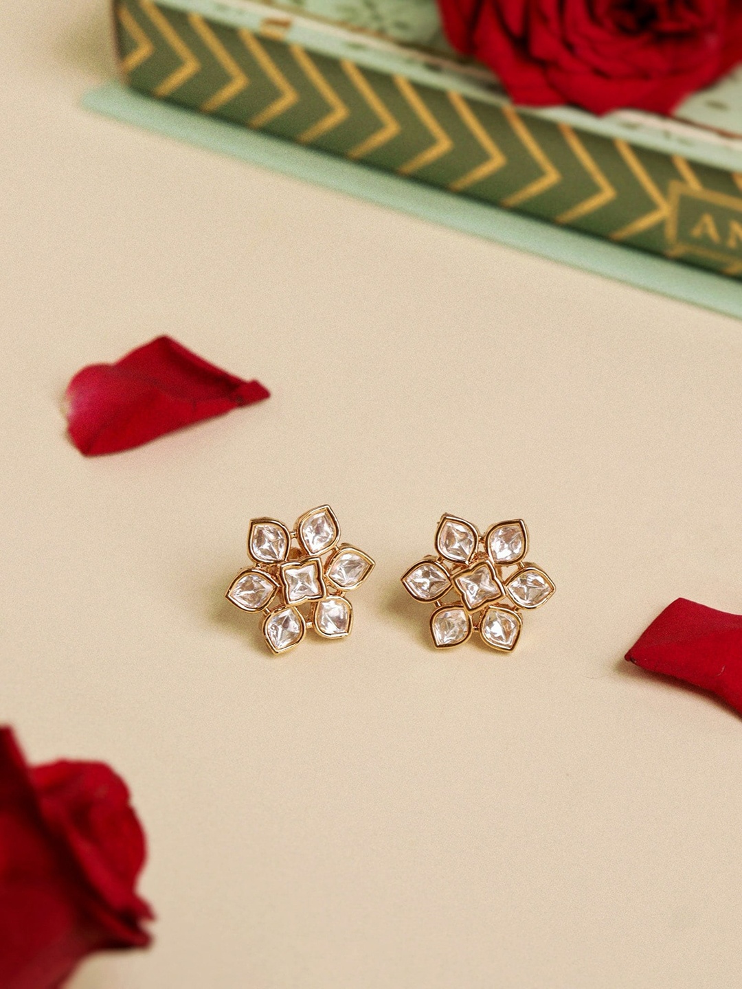 

CURIO COTTAGE 18 KT Gold Plated Floral Kundan Studs Earrings