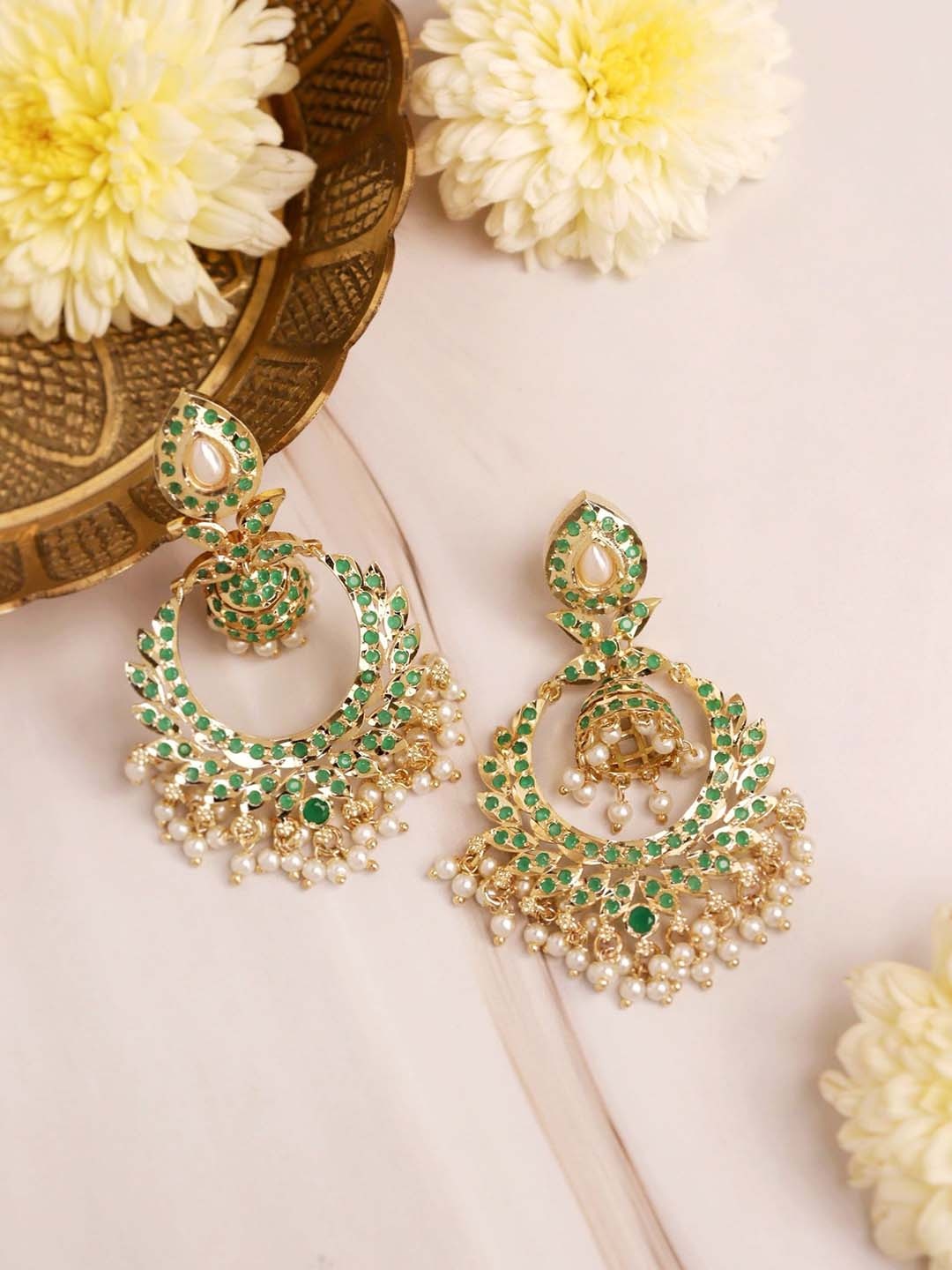 

CURIO COTTAGE Gold-Plated Classic Kundan Studded Chandbalis Earrings