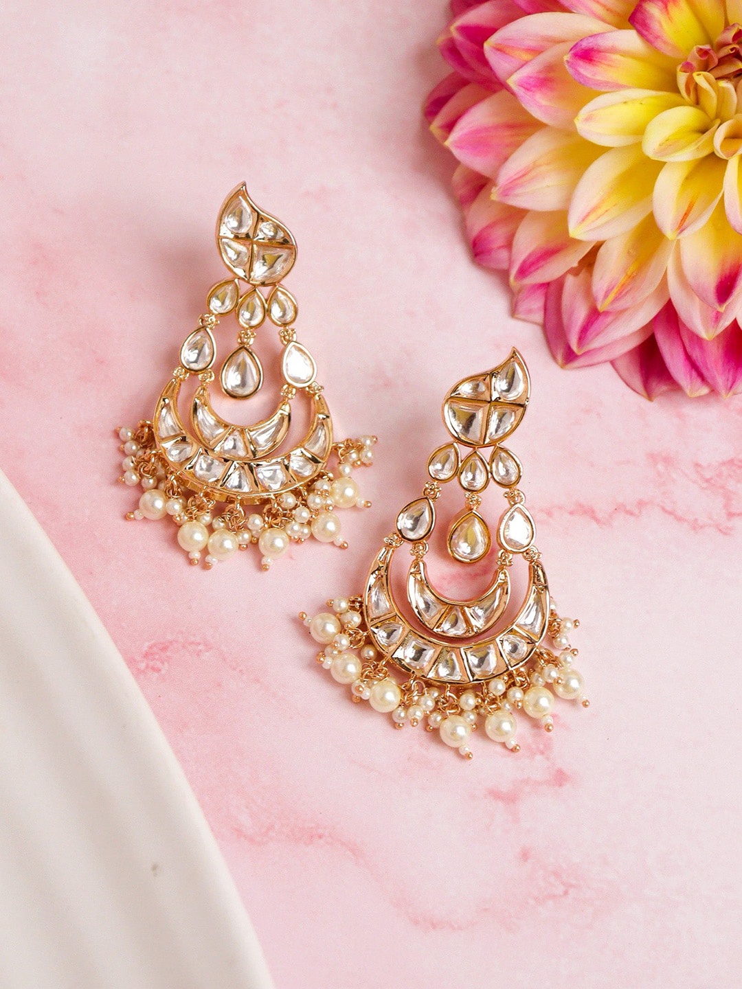 

CURIO COTTAGE Gold-Plated Kundan-Studded Classic Drop Earrings