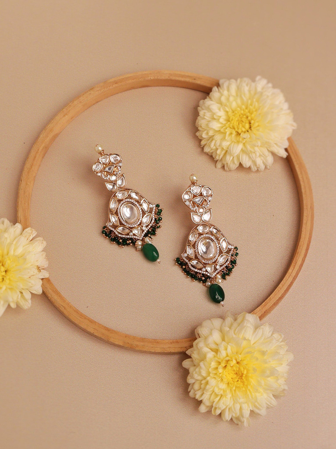 

CURIO COTTAGE 22 KT Gold Plated Classic Kundan Studded & Beaded Drop Earrings