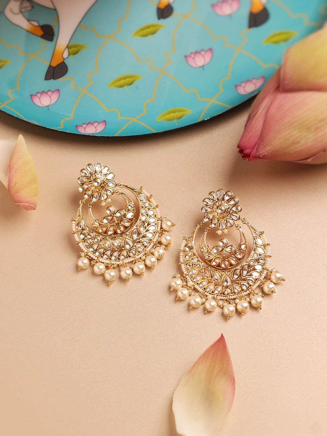 

CURIO COTTAGE Gold Plated Kundan Classic Chandbalis