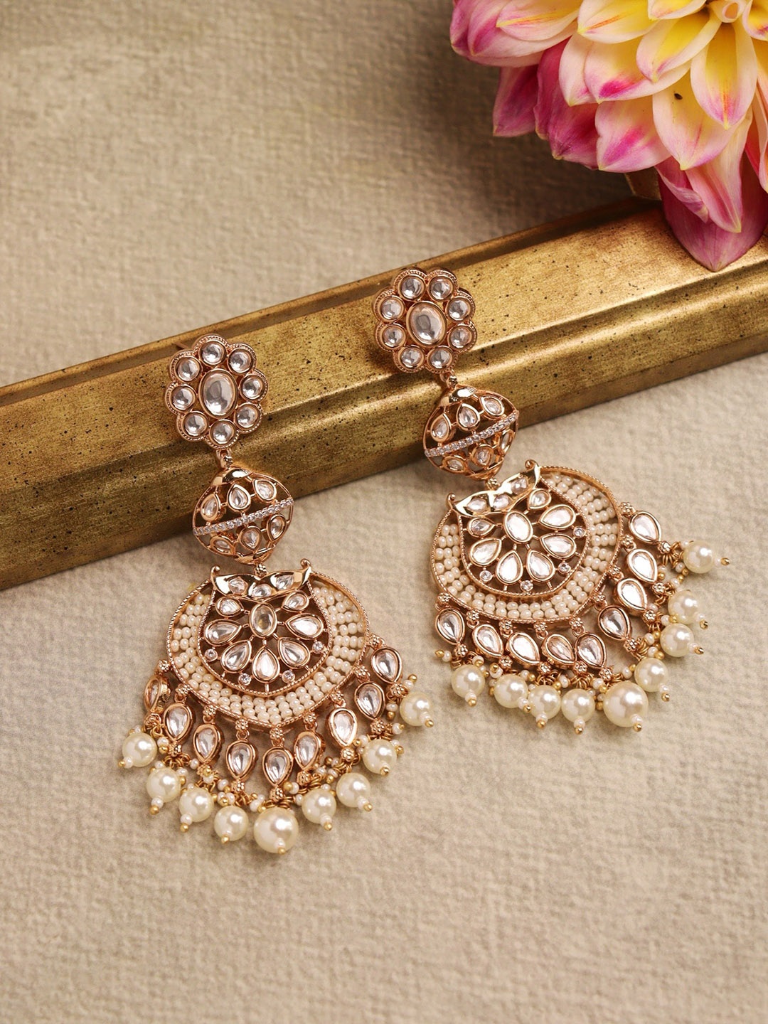 

CURIO COTTAGE Gold-Plated Classic Kundan Studded Drop Earrings