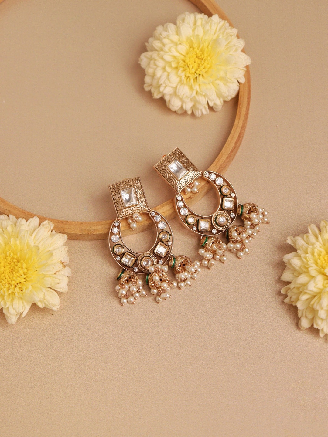 

CURIO COTTAGE 22 KT Gold Plated Classic Kundan Studded & Beaded Jhumkas