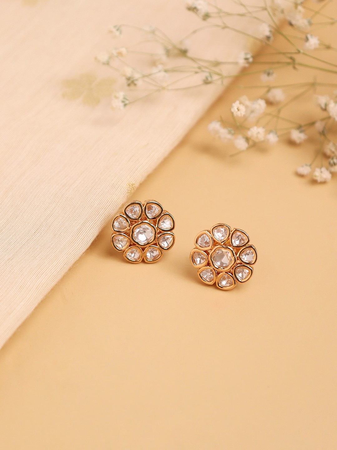 

CURIO COTTAGE 22 KT Gold Plated Floral Kundan Studs Earrings