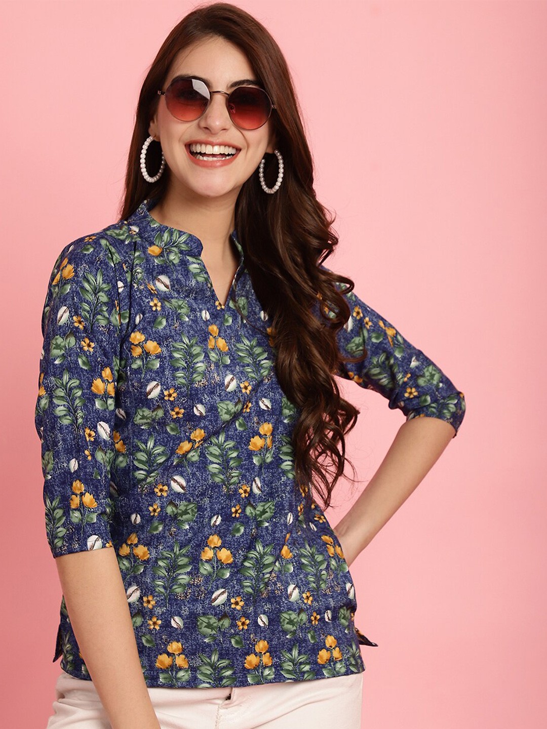 

Poshyaa Floral Printed Crepe Top, Blue