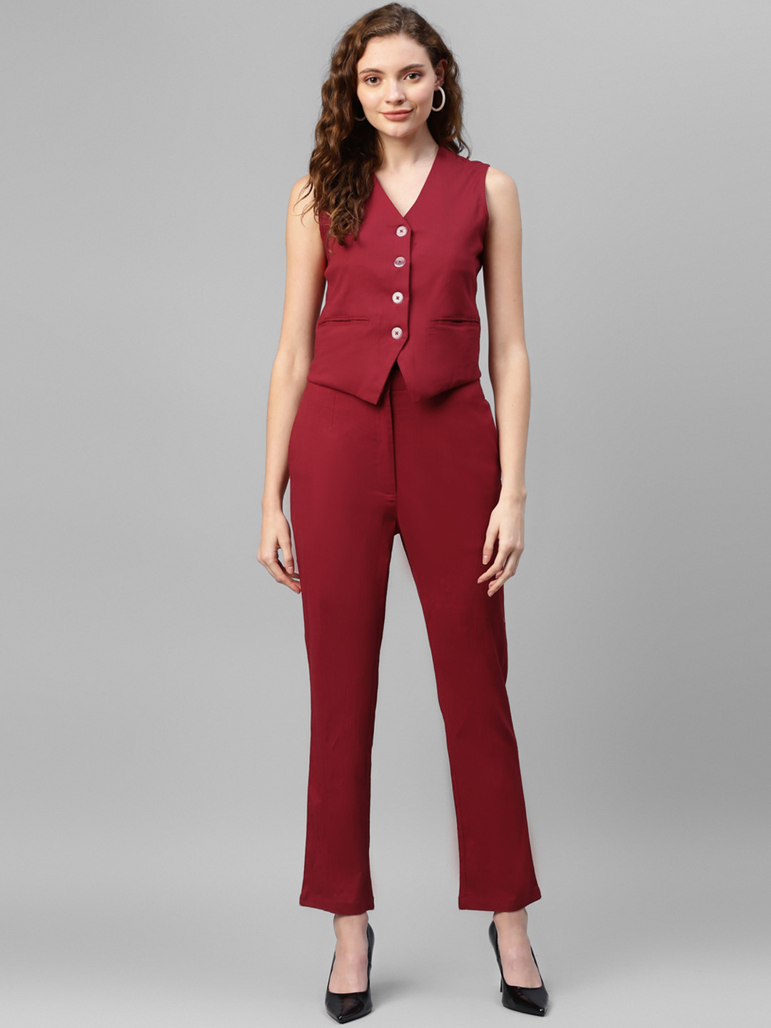 

DEEBACO V-Neck Co-Ord Set, Maroon