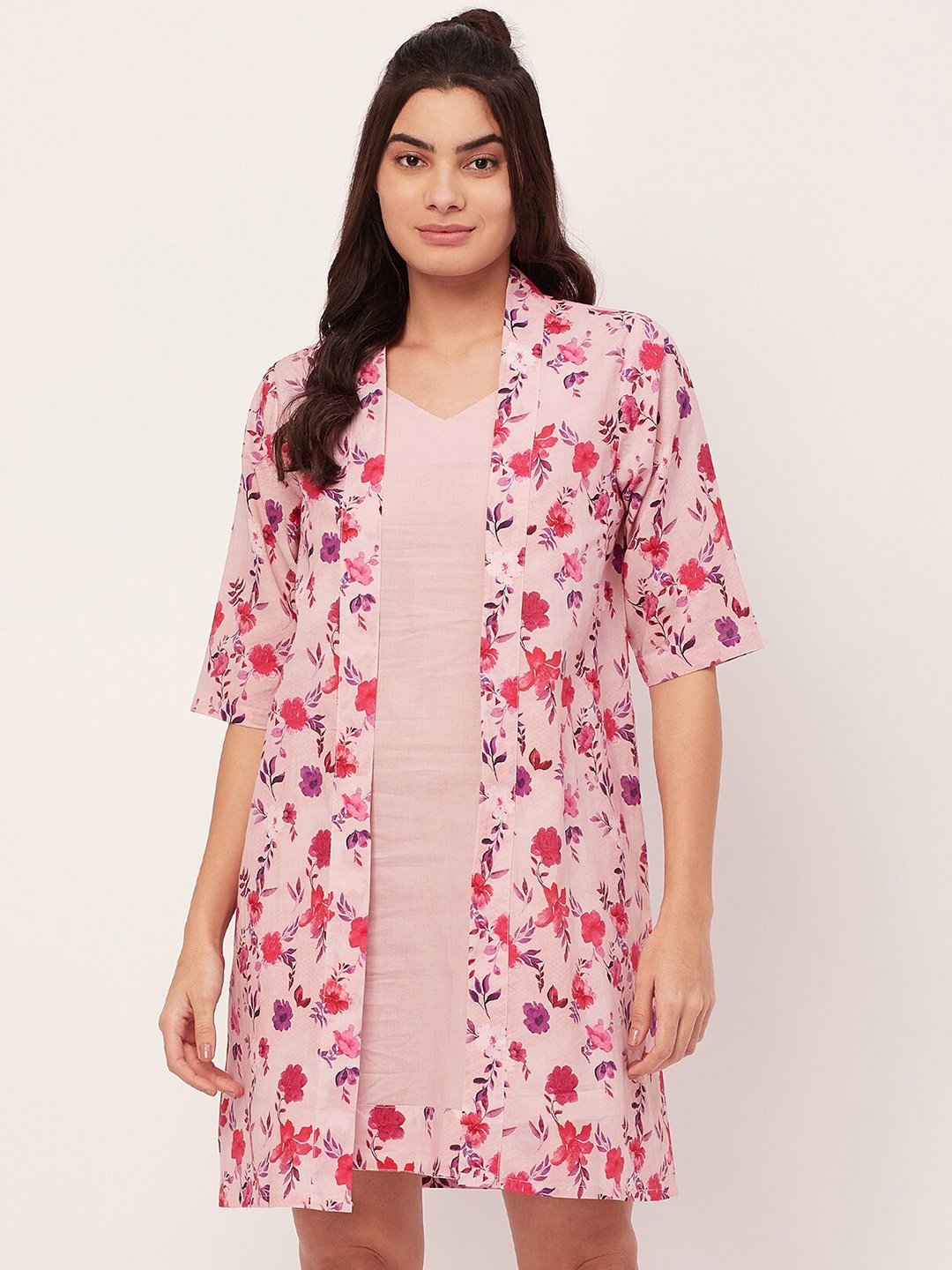 

Moomaya Shoulder Strapped Pure Cotton Above Knee Nightdress With A Floral Printed Shrug, Pink