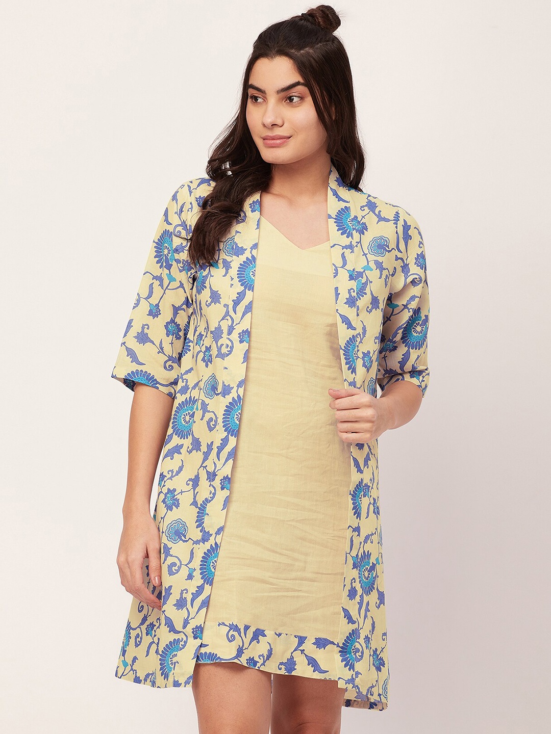 

Moomaya 2 Pcs Floral Printed Sleeveless Pure Cotton Night Dress, Yellow