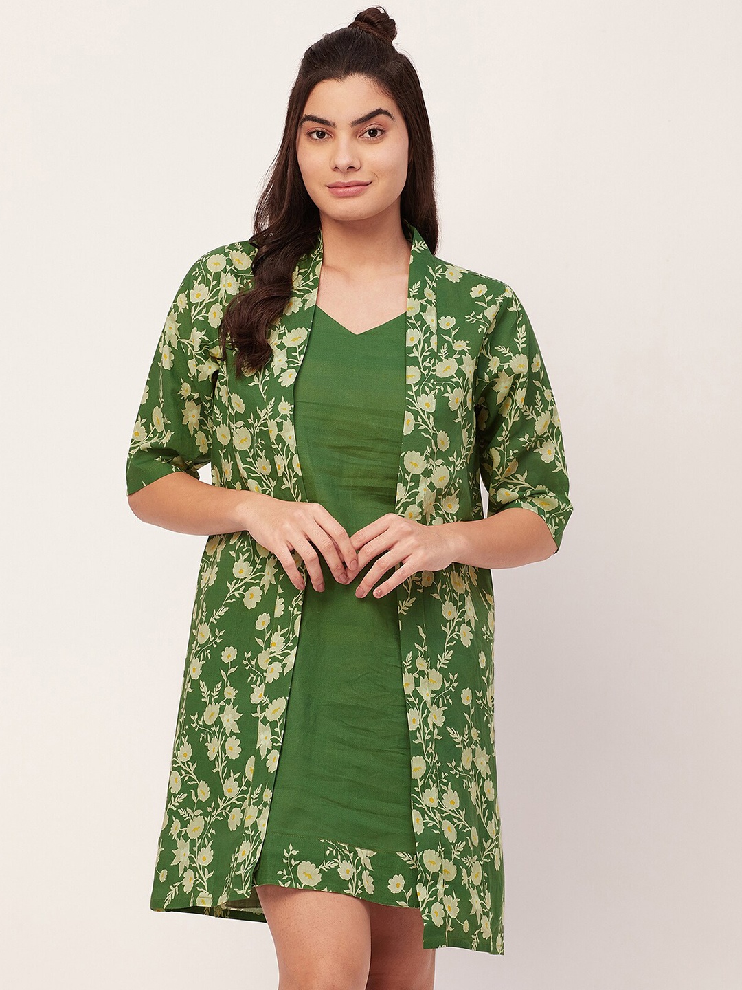 

Moomaya Floral Printed Pure Cotton Nightdress With Shrug, Green