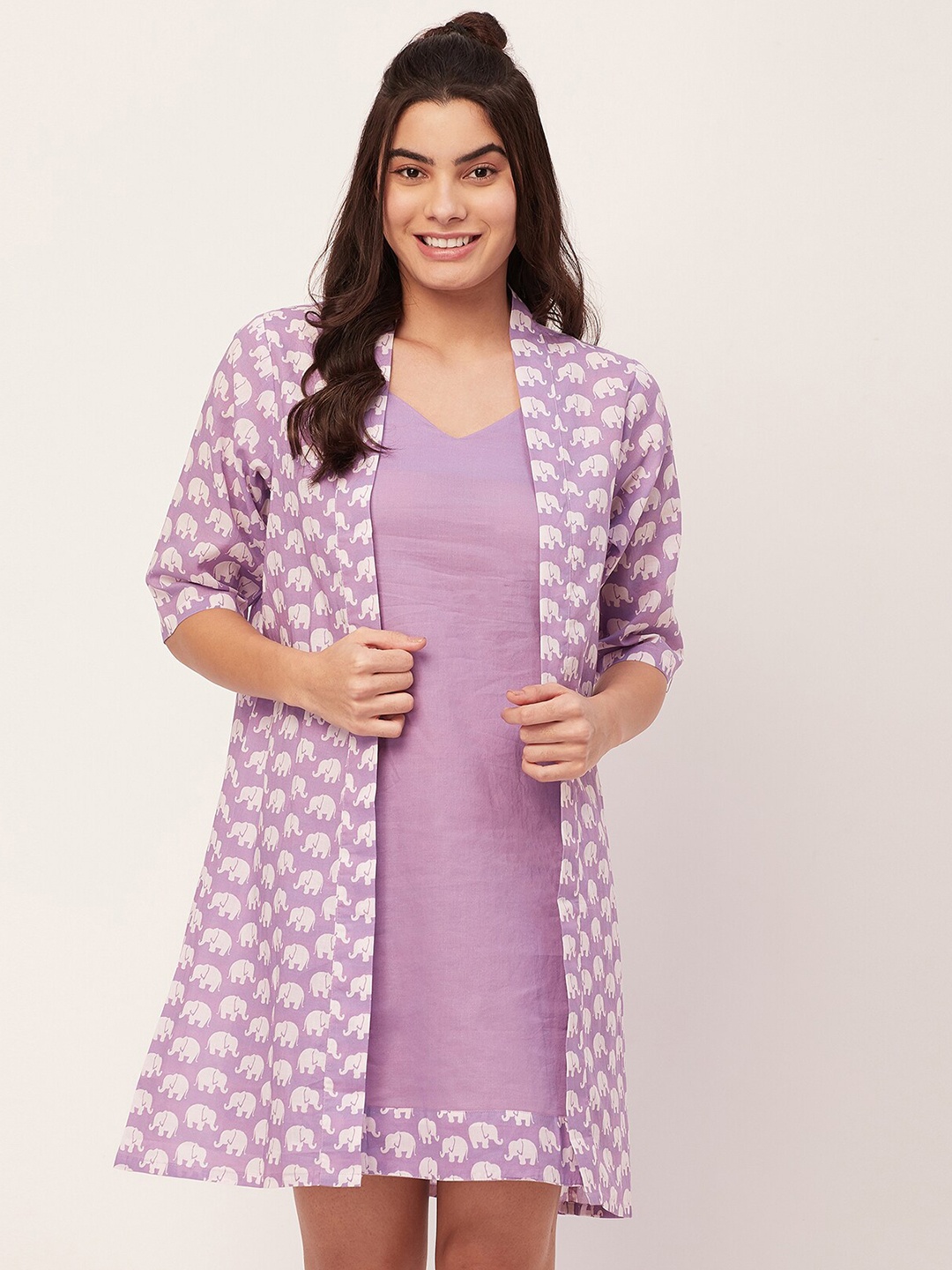 

Moomaya Printed Cotton Nightdress With Shrug, Lavender