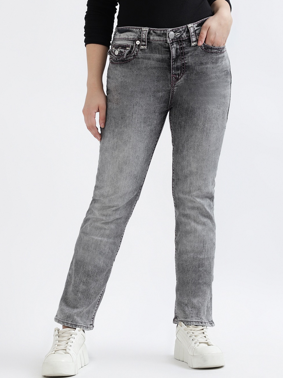 

True Religion Women Super T Billie Straight Fit Mid Rise Jeans, Grey
