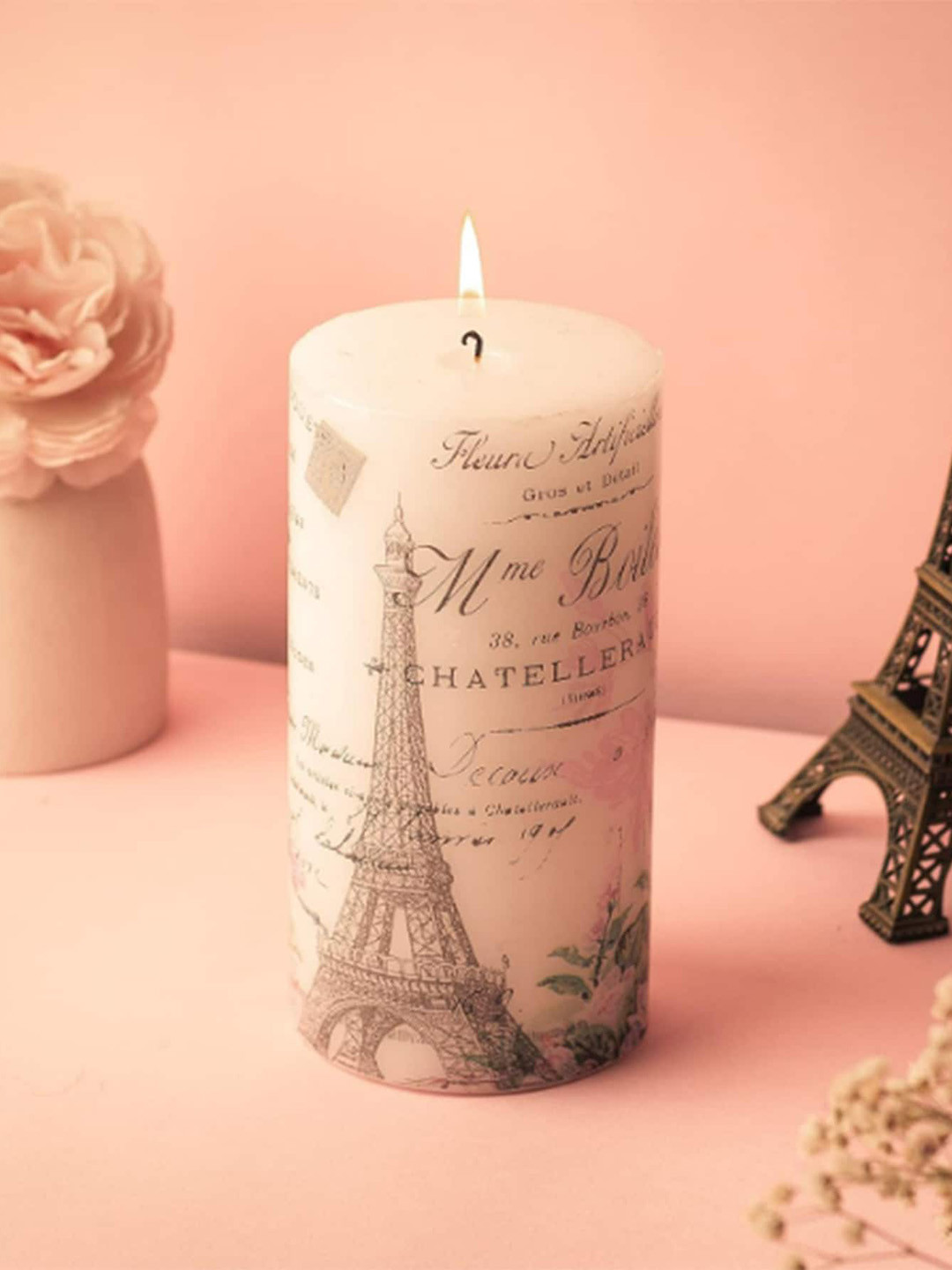 

AuraDecor White Wax Eiffel Tower Printed Pillar Candles