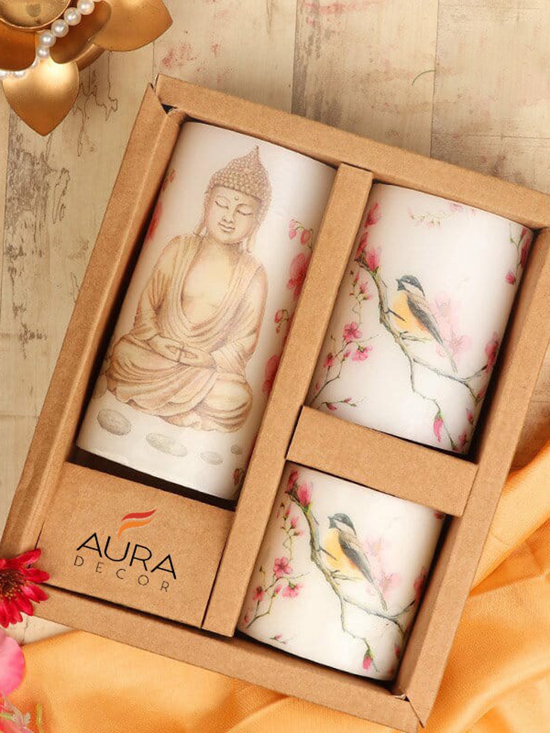 

AuraDecor White 3 Pieces Wax Printed Buddha Pillar Candles