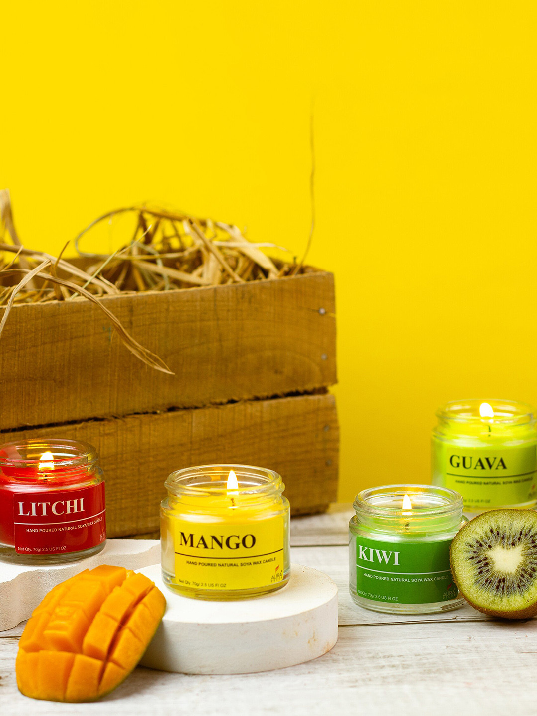 

AuraDecor Green & Yellow 4 Pieces Soya Wax Lead-Free Wick Scented Jar Candles, Lime green